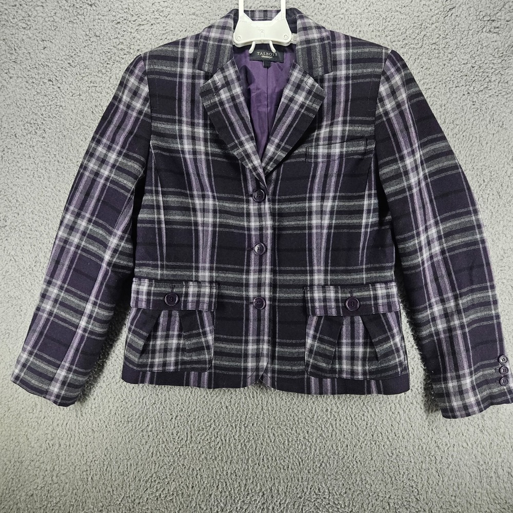 Talbots Purple Grey Plaid Wool Blend 3-Button Blazer Jacket Womens Size 12